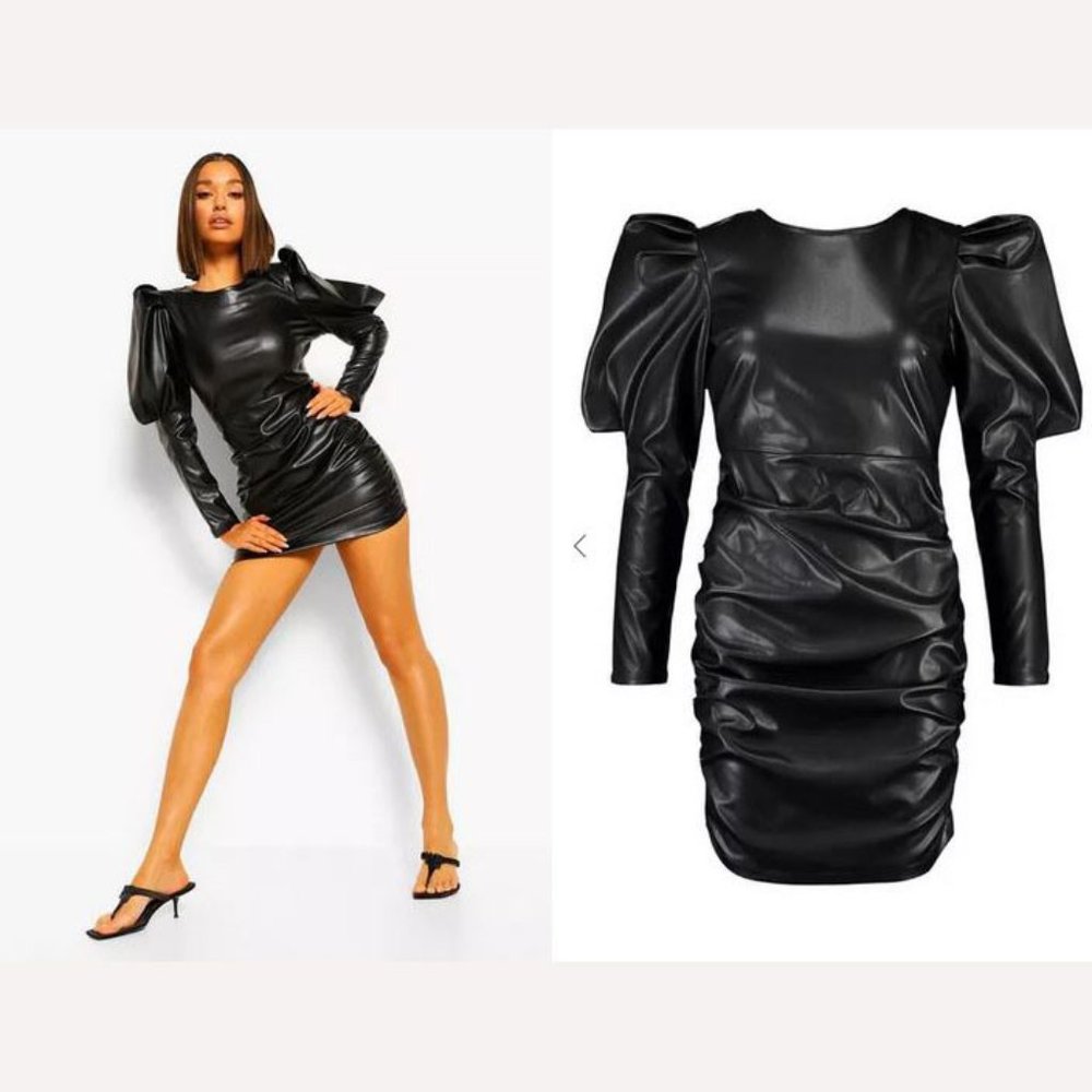 Boohoo Faux Leather Puff Shoulder Ruched Dress - Black Size 2 NWT